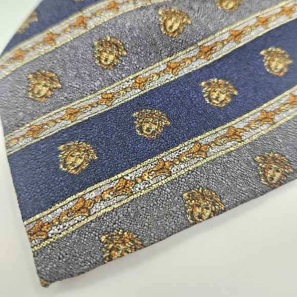 Gianni Versace Vintage Silk Medusa Tie Navy Gray Gold - Picture 2 of 10